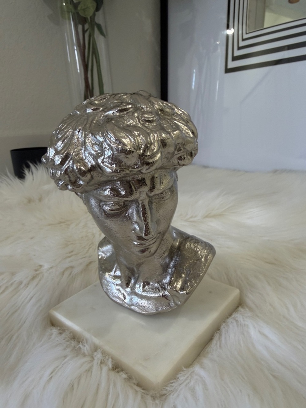Silver Decorative David Bust Sculpture on Marble - Home Art Accent